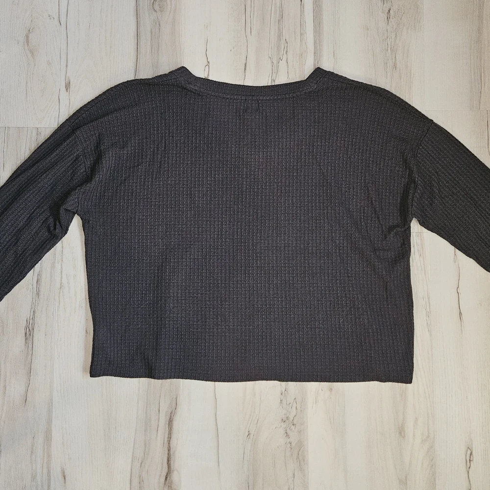 GAP Waffle Knit V-Neck Top WomenXL Charcoal Grey Thermal Long Sleeve Soft Lounge - Picture 8 of 8